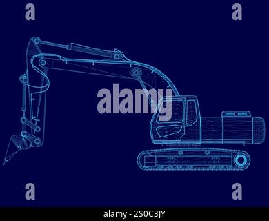 Dessin bleu d'un grand véhicule de construction. Le dessin est en bleu et est très détaillé Illustration de Vecteur