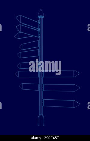 Signe bleu avec un poteau et une série de flèches pointant dans des directions différentes. Le signe est bleu et a un fond bleu Illustration de Vecteur