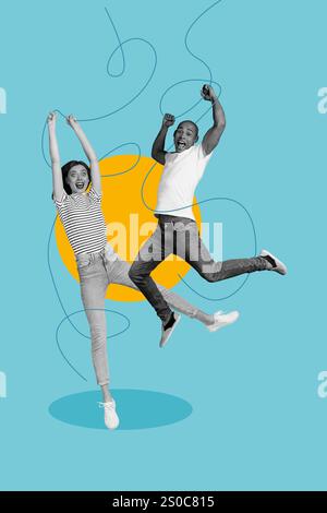 Composite tendance illustration croquis photo collage de photo de copyspace jeune dame homme équipe couple amis se détendre heureux saut main tenir fil de ligne Banque D'Images