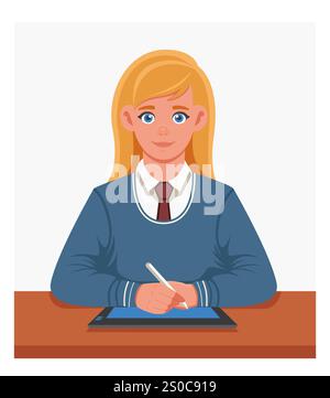 Étudiant assis à un bureau étudiant pour devenir graphiste à l'aide d'une tablette graphique. Vecteur. Dessin animé concept d'étudier, de travailler Banque D'Images