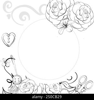 Romantique roses rétro cadre cercle, modèle. Outils de couture vintage - ciseaux, boutons, épingle. pour le design avec des fleurs. Vintage old fashion, couture Illustration de Vecteur
