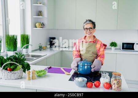 Femme âgée préparant joyeusement un délicieux plat fait maison dans une cuisine lumineuse et aérée. Elle porte un tablier et tient une casserole, entourée d'ingredie fraîche Banque D'Images