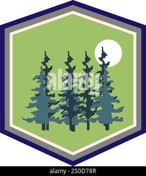 caricature rustique d'écusson de forêt rétro. logo classique, insigne patch, signe d'écusson forestier rustique rustique rétro à feuilles persistantes. illustration de vecteur de symbole isolé Illustration de Vecteur