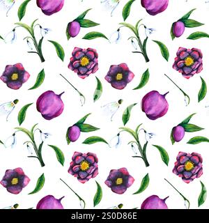 Hellebore noir, goutte de neige. Motif transparent d'éléments aquarelle sur un arrière-plan transparent. Fleurs, bourgeons et feuilles dessinés à la main. Botani aquarelle Banque D'Images