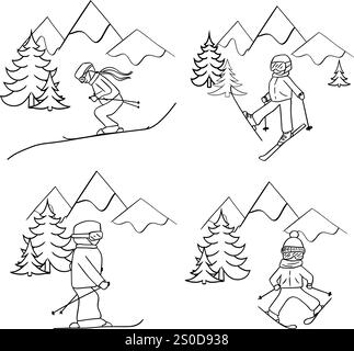 Skieur dans les montagnes avec des pins ensemble de composition. composition graphique de lignes en montagne. Conception vectorielle. Illustration de Vecteur