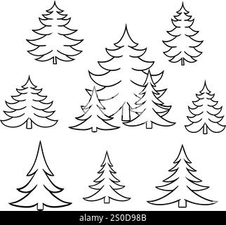 Pins de couleur noire et blanche isolés dans l'ensemble de style lineart graphique, la forêt, le parc et la collection de signes vectoriels d'arbre de jardin Illustration de Vecteur