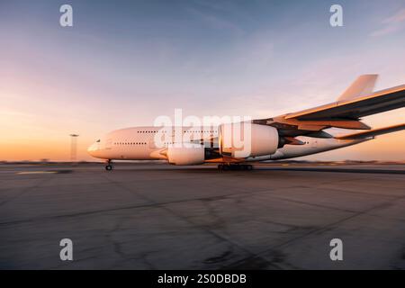 Trafic à l'aéroport au coucher du soleil doré. Gros avion commercial décollant de la piste. Banque D'Images