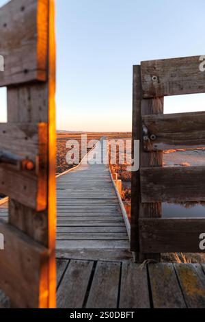 Vue depuis l'observatoire ornithologique du parc national du delta d'Evros, près d'Alexandroupolis et de la frontière turque, forêt de Dadia et zone humide protégée, coucher de soleil ou soleil Banque D'Images