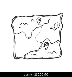 Carte au trésor de pirate mignon avec beaucoup d'icônes et l'île volcanique avec coffre au trésor. Illustration vectorielle de dessin animé d'art de ligne de contour bleu dessinée à la main. Illustration de Vecteur