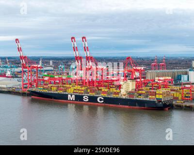 Navire porte-conteneurs MSC Luciana débarquant au terminal Liverpool2 sur la rivière Mersey, Liverpool, Merseyside, Angleterre Banque D'Images