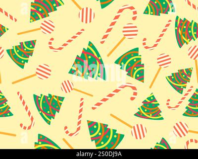 Motif sans couture avec arbres de Noël décorés et cannes de bonbons. Sapin de Noël décoré avec guirlande, boules de Noël et bonbons festifs Illustration de Vecteur