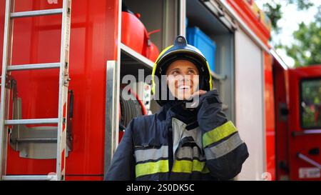 Portrait d'heureux garde-feu féminin sur fond de grand camion rouge. Jeune femme de feu en équipement complet regardant la caméra avec des émotions positives Banque D'Images