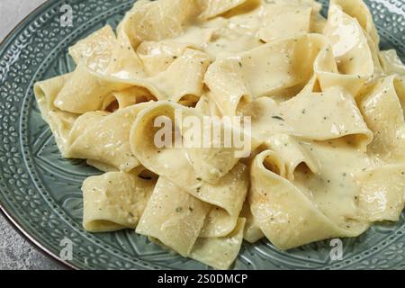 Pâtes papardelles en sauce crémeuse à l'ail, cuisine italienne traditionnelle, pâtes carbonara, maison, pas de gens Banque D'Images