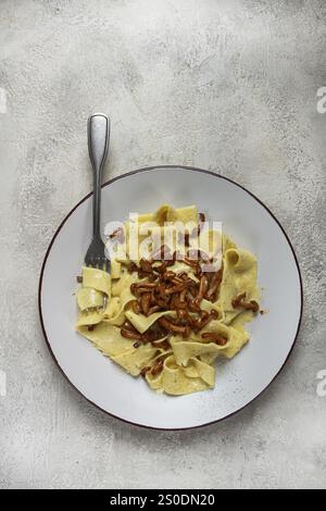 Pâtes papardelles, en sauce crémeuse à l'ail, avec champignons, cuisine italienne traditionnelle, pâtes carbonara, maison, personne Banque D'Images