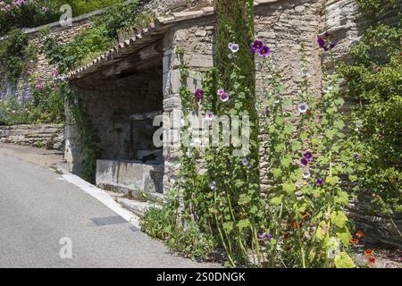 Rue sinueuse avec des fleurs colorées et une vieille fontaine sur un mur pierreux, Provence, France, Europe Banque D'Images