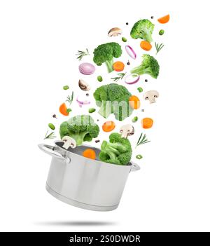 Légumes pour soupe et pot dans l'air sur fond blanc Banque D'Images