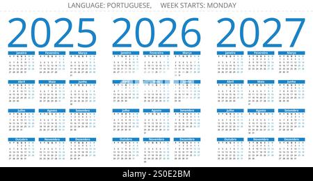 2025, 2026, 2027 ans calendriers annuels portugais. Ensemble d'illustration vectorielle pour le Portugal Illustration de Vecteur