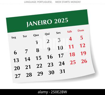 Janvier calendrier mensuel PORTUGAIS pour l'année 2025. Illustration vectorielle avec conception de papier pour le Portugal Illustration de Vecteur