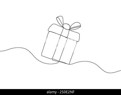Dessin continu d'une ligne d'une boîte cadeau de vacances avec un noeud et un ruban. Design minimaliste Illustration de Vecteur