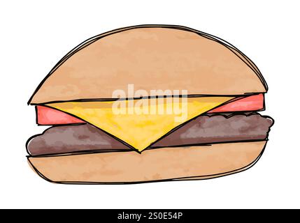 Burger doodle dessiné à la main, illustration vectorielle. Illustration de Vecteur