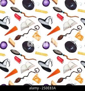 Balai, chapeau, bougie, livre et chaudron. Illustration aquarelle d'un motif sans couture. Un ensemble d'articles sur un fond blanc pour Halloween. Pour vos des Banque D'Images