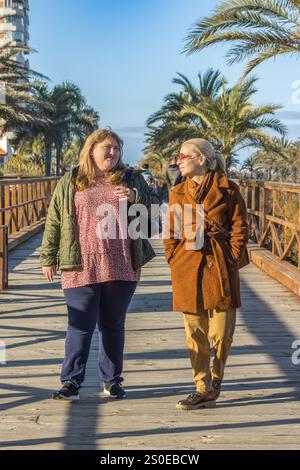 Deux femmes marchent le long d'une promenade en bois, engagées dans une conversation amicale. Banque D'Images