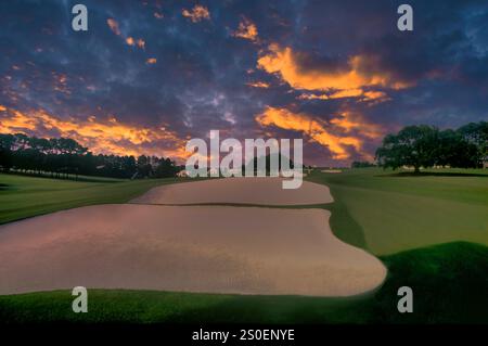 Augusta National Golf Club - Georgia, USA ici : la vue depuis les deux bunkers du côté gauche sur le 18ème trou de fermeture vers le clubhouse Banque D'Images