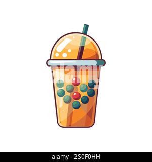 Dessin animé coloré illustration d'une boisson rafraîchissante Bubble Tea dans une tasse en plastique transparent avec un couvercle et une paille Illustration de Vecteur