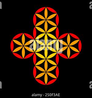 Croix faite des pétales de la Fleur de vie. Forme de croix de style plomb obtenue à partir de la Fleur de vie, figure géométrique de cercles se chevauchant. Banque D'Images