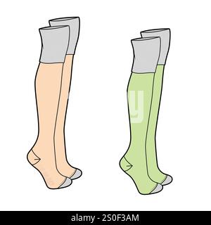 Dames sur les chaussettes de genou modèle de maquette vectorielle de dessin de ligne technique. Illustration de Vecteur