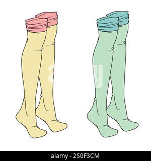 Chaussettes de genou plates esquisse vectorielle maquette de modèle de modèle de modèle pour femmes. Illustration de Vecteur