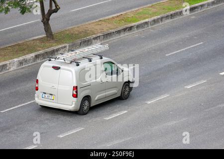 Fourgonnette commerciale blanche transportant une échelle sur une galerie de toit conduisant sur l'autoroute pendant la journée Banque D'Images