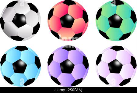 Six ballons de football ensemble avec blanc orange Gree bleu ciel violet et rose clair Illustration de Vecteur