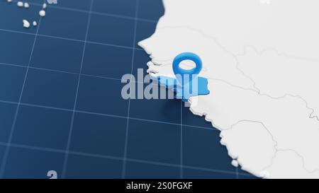 Carte bleue Guinée-Bissau 3d avec aiguille entourée d'autres pays en blanc. Carte politique de l'Europe avec des frontières. illustration de rendu 3d. Banque D'Images