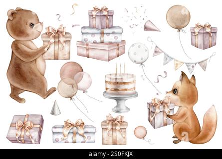 Ensemble aquarelle de boîtes cadeaux avec des noeuds en or et ours, renard et ballon pour anniversaire pastel doré. Guirlande de vacances avec drapeaux et animaux de la forêt. Main Banque D'Images