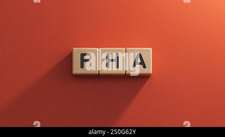 Le mot FHA est écrit sur des cubes en bois. FHA - abréviation de Finance Houses Association.Close up of Wooden Elements, Business concept. Banque D'Images
