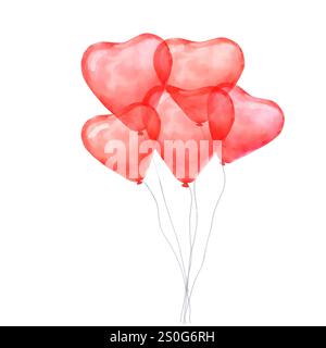 Ballons en forme de coeur sur cordes dans un paquet. Illustration numérique aquarelle. Coeurs rouges de la saint-valentin isolés sur fond blanc. Pour décor de cartes, Banque D'Images