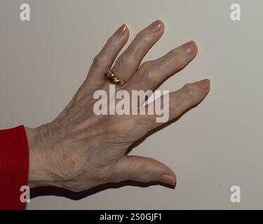 Vue rapprochée de la main d'une femme âgée, montrant la texture détaillée de la peau et les veines avec un anneau en or brillant, sur un fond Uni Banque D'Images