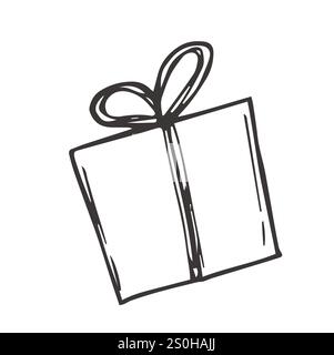 cadeau avec arc. boîte, contour, bande dessinée monochrome cadeau d'anniversaire de noël Illustration de Vecteur