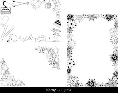 Vecteur de ligne graphique dessiné à la main ensemble d'objets de sports d'hiver, de symboles et d'articles. Composition de modèle de cadre de cercle rond Illustration de Vecteur