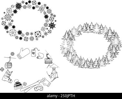 Forêt de pins, flocons de neige, équipement de ski cadre ovale dans le style graphique de ligne. Modèle vectoriel Joyeux Noël texte écrit à la main. Pour les vacances heade Illustration de Vecteur