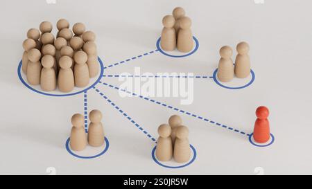 Concept de délégation. Figures humaines en bois avec des flèches. Parfait pour représenter la stratégie commerciale, le leadership et la gestion.rendu 3D. Banque D'Images