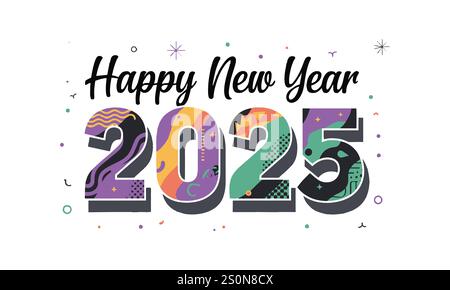 Design vectoriel moderne avec « Happy New Year 2025 » dans un thème ludique Illustration de Vecteur