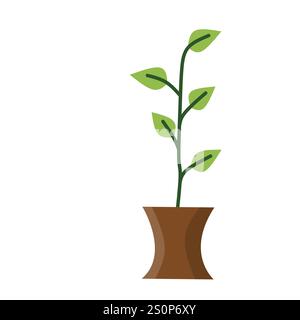 Une illustration simple d'une plante en pot avec une tige verte et plusieurs branches, chacune portant des feuilles vertes. Le pot brun a une forme légèrement incurvée, Illustration de Vecteur