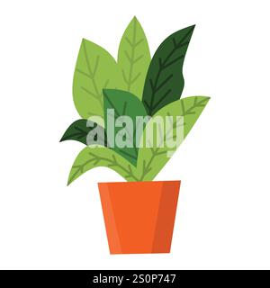 illustration d'une plante verte à tiges multiples et feuilles de forme ovale poussant dans un pot décoratif orange avec les feuilles disposées alternativement alo Illustration de Vecteur