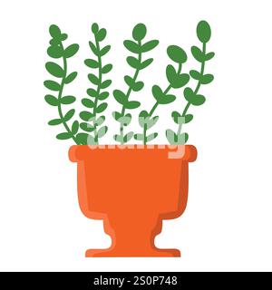 illustration d'une plante verte à tiges multiples et feuilles de forme ovale poussant dans un pot décoratif orange avec les feuilles disposées alternativement alo Illustration de Vecteur