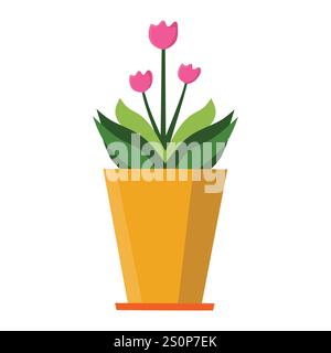 Illustration stylisée d'une plante en pot avec des fleurs roses dans un pot jaune avec une base orange. Des feuilles vertes entourent les fleurs à longue tige Illustration de Vecteur