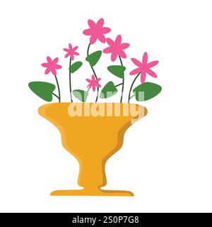 illustration stylisée d'un vase jaune contenant plusieurs fleurs roses avec des feuilles vertes. Les pétales simples et arrondis et les différentes tailles de la fleur Illustration de Vecteur