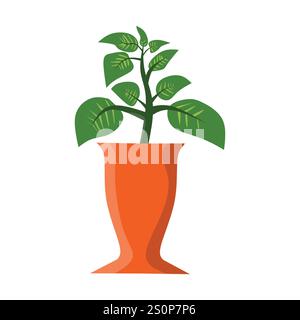 Une illustration minimaliste d'une plante verte avec plusieurs feuilles dans un vase orange. Le vase a une forme unique, légèrement évasée, améliorant la dynamique Illustration de Vecteur