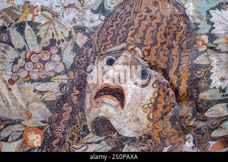Naples. L'Italie. Mosaïque romaine (2e siècle avant J.-C.) avec masque de théâtre et festoon avec feuilles et fruits (détail), à partir de la Casa del Fauno, Pompéi. Banque D'Images